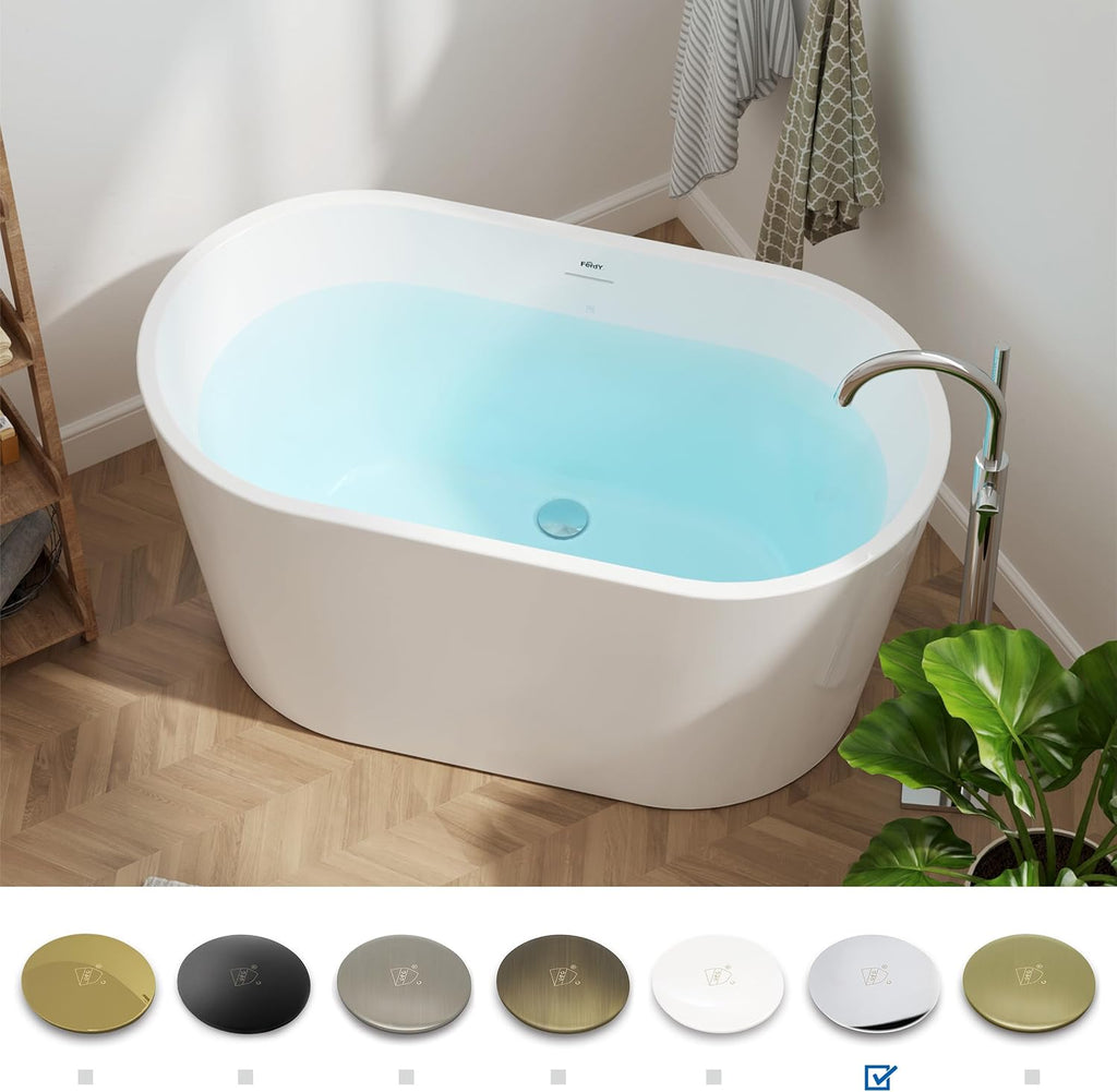 FerdY Shangri-La 47' Acrylic Freestanding Bathtub, Small Classic Oval Shape Acrylic Soaking Bathtub with Minimalist Linear Design Overflow & Chrome Drain, Modern White, cUPC Certified