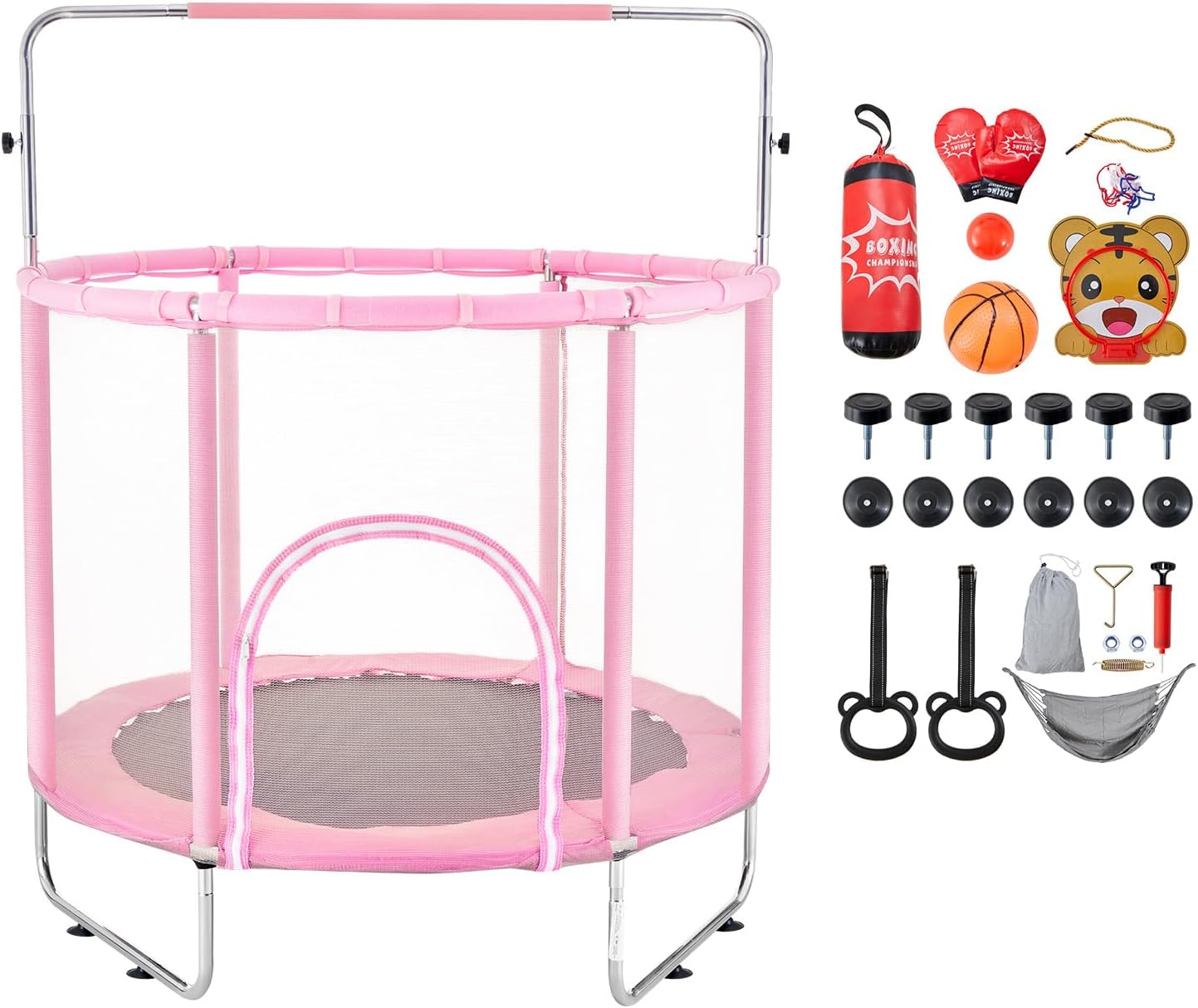 Happybuy 55' Kids Trampoline, 4.6FT Indoor Outdoor Trampoline, Mini Toddler Recreational Trampoline with Safety Enclosure Net and Basketball Hoop, Pink