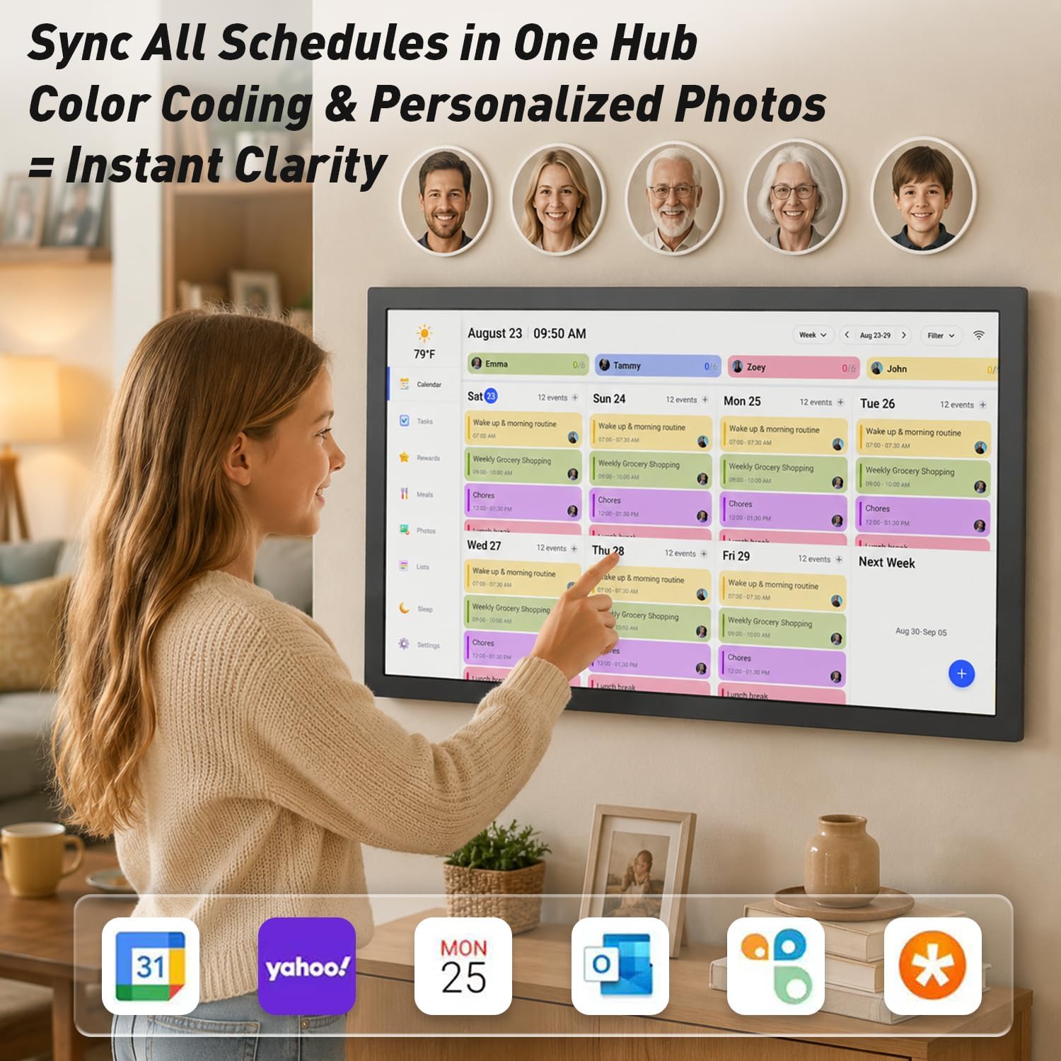 24' Digital Calendar Picture-Frame for-Wall-Planner - Interactive Display Electronic Calendar Picture Frame, Star Reward, Chore Chart, Sync Online iCloud Outlook Calendar, Wall Mount, Gift for Mom Dad