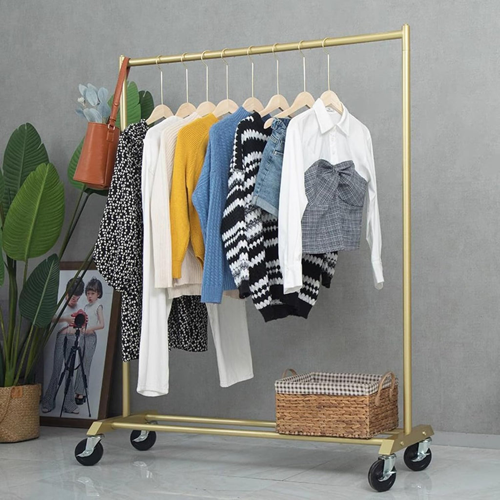 Heavy Duty Coat Rack, Garment Rack Metal Clothing Rack On Wheels, Boutique Display Clothes Rack with Shelves, Heavy Duty Clothes Rail, Portable Clothes Organizer for Bedroom (Gold 120X40X155CM)