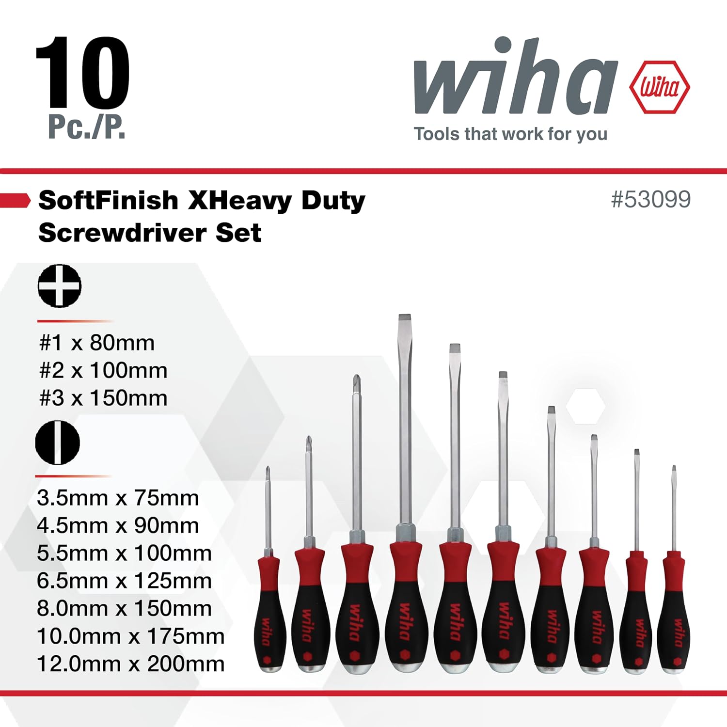 Wiha 53099 10 Piece Softfinish X Heavy Duty Slotted and Phillips Screwdriver Set