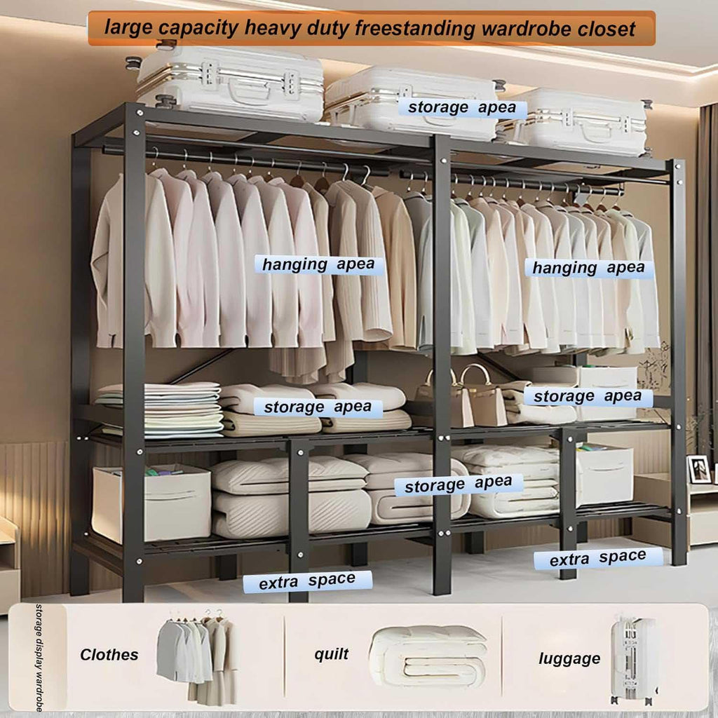 Clothing Rack with Cover,Heavy Duty Foldable Wardrobe with Cover, Portable Closets for Hanging Clothes, Large Capacity Hanging Organization Garment Racks (grey, 59.1in/150cm)