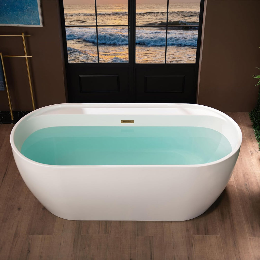 WOODBRIDGE 67' Acrylic Freestanding Bathtub Contemporary Soaking White Tub with Brushed Gold Overflow and Drain,B0063-BG