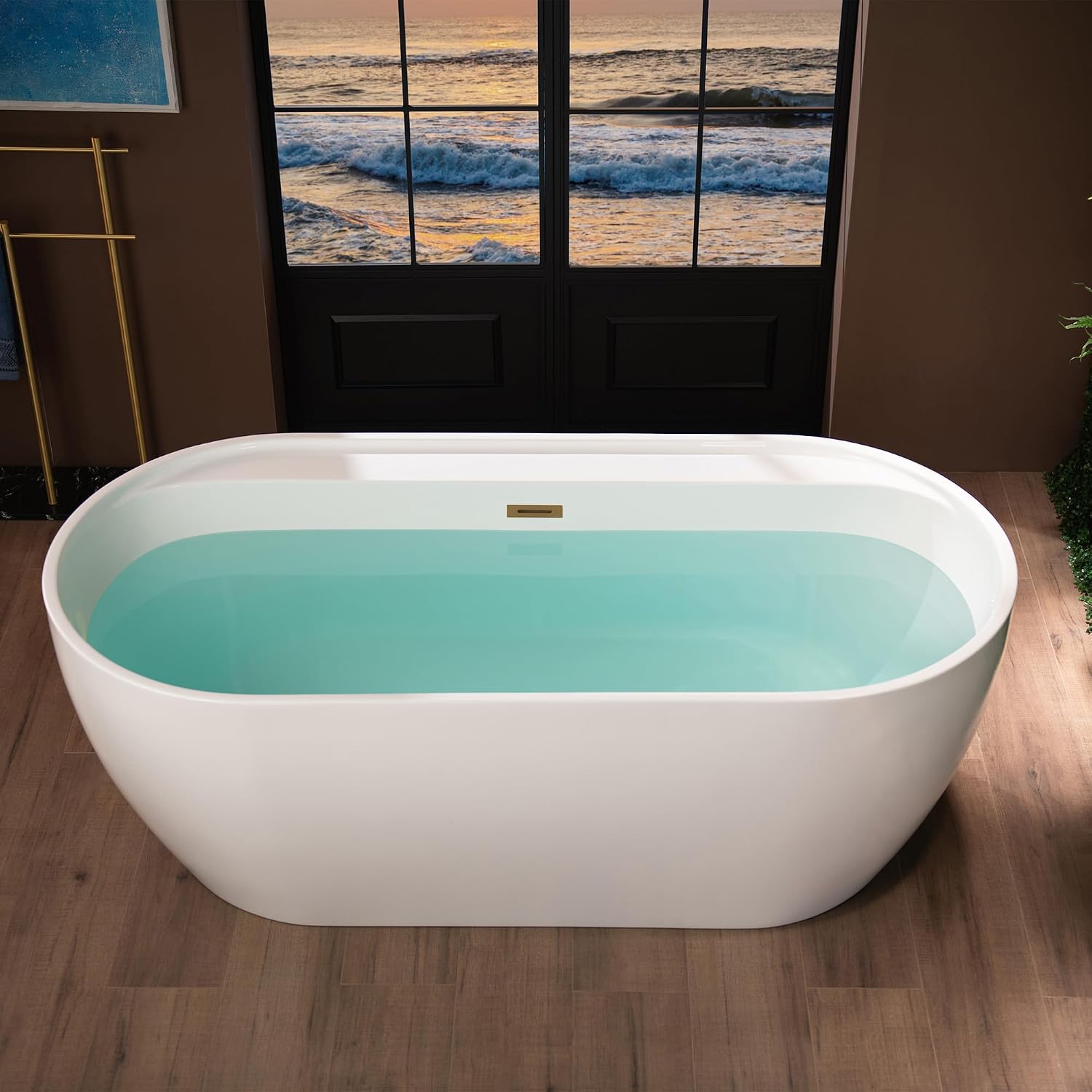 WOODBRIDGE 67' Acrylic Freestanding Bathtub Contemporary Soaking White Tub with Brushed Gold Overflow and Drain,B0063-BG