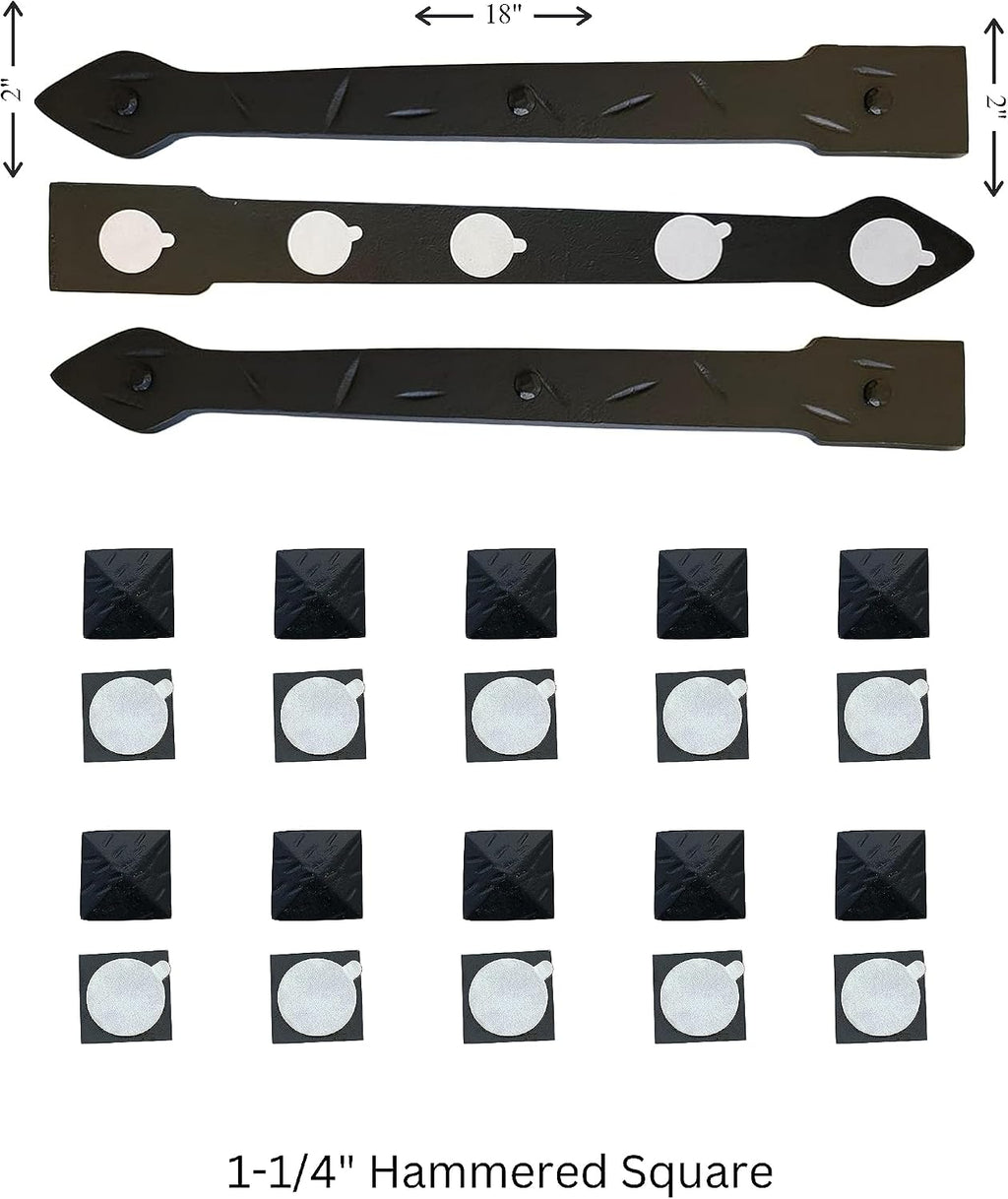 The Rustic Express - Self Adhesive 3 Iron Straps 18' & 20 Hammered Square Clavos 1-1/4' - Decorative Hinges & Clavos for Farm, Fiberglass, Metal, Wooden Gate Hinge and Garage Door Hardware - Black