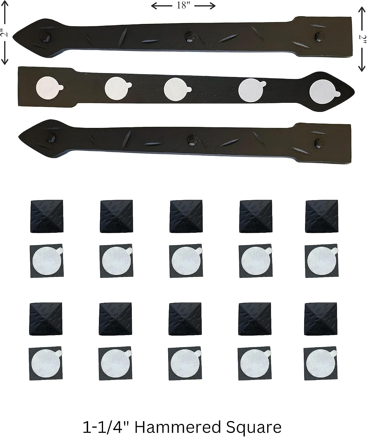 The Rustic Express - Self Adhesive 3 Iron Straps 18' & 20 Hammered Square Clavos 1-1/4' - Decorative Hinges & Clavos for Farm, Fiberglass, Metal, Wooden Gate Hinge and Garage Door Hardware - Black