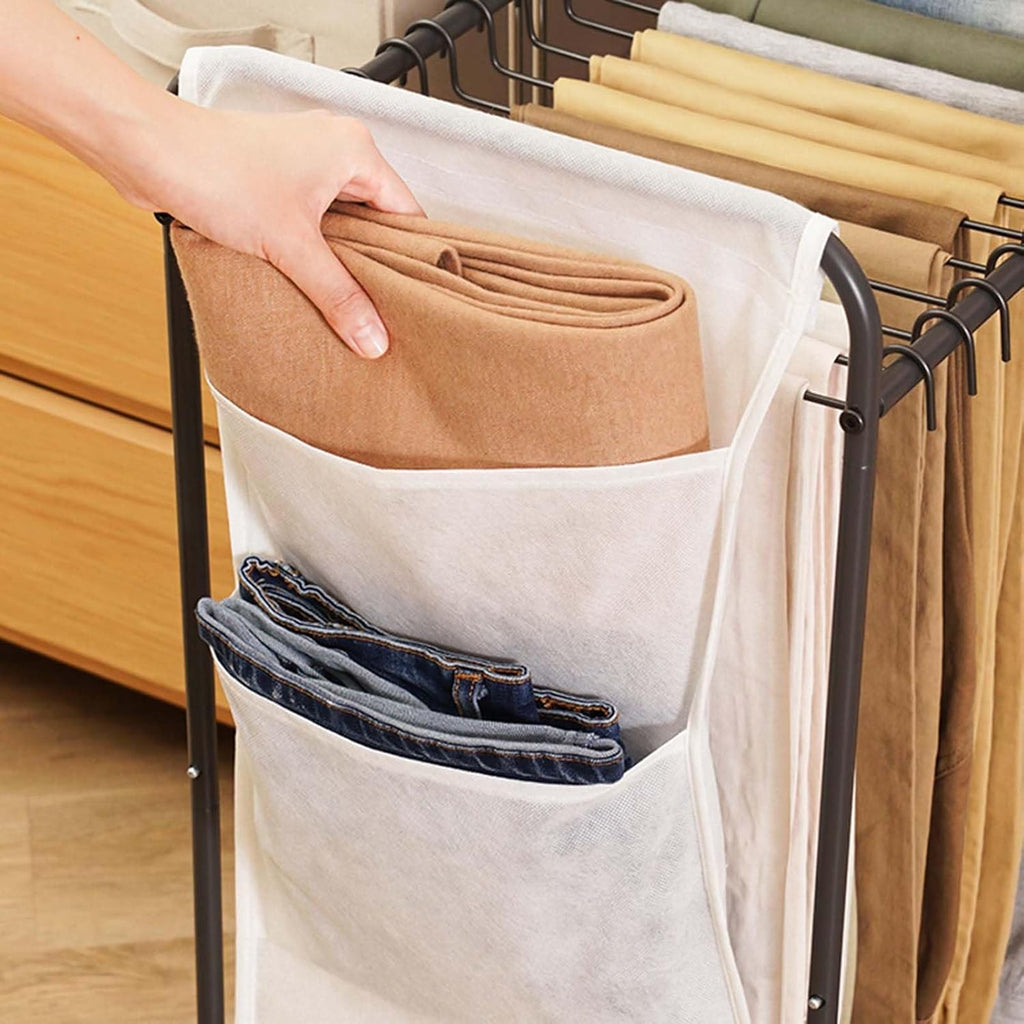 Display Stand Pants Hangers Rolling Trolley Trousers Rack, Floor Standing Jeans Hangers Metal Scarves Rack Clothing Closet Organizer Shelf Blanket Rack (L70*W33*H70CM with Side Pockets