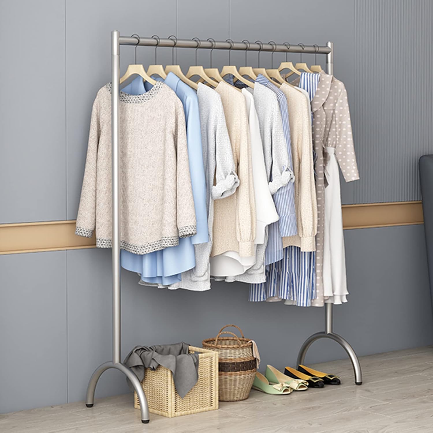 Clothing rack Modern Silver Clothing Rack Heavy Duty Stainless Steel Garment Rack Retail Clothing Displa Rack Sturdy And Durable Clothes Rail,One Color 80x40x150cm