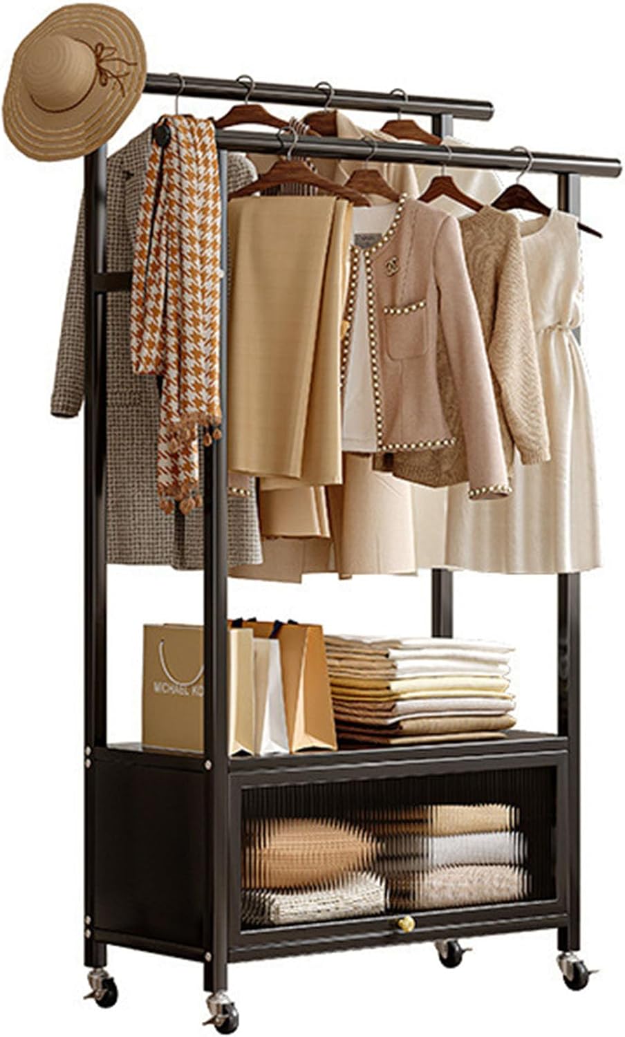 Clothing Rack, coat rack with Wheels Rolling Clothes Rack with Storage Coat Rack Stand Modern Garment Rack for Bedroom Boutiques Heavy Duty Coat Hanger Rack