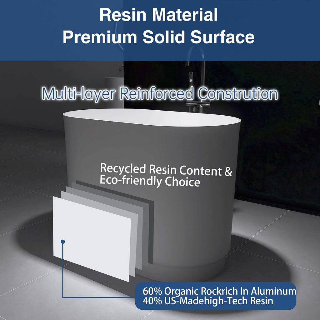 39' Japanese Soaking Bathtub, Freestanding Solid Surface Resin Stone Bathtub Modern Stand Alone Tub with Pop-up Drain and Overflow, cUPC Certified, Matte White 328MW1000