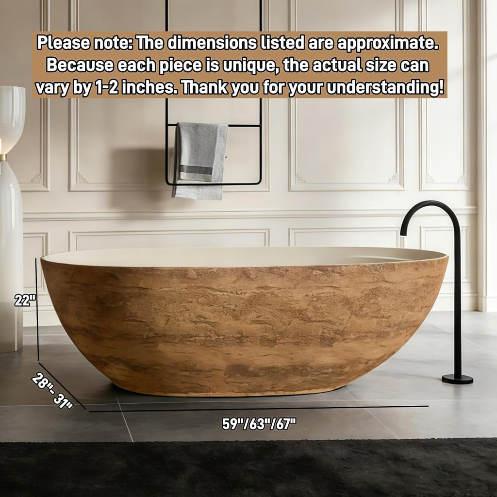 59' Edeyeu Freestanding Bathtub - Luxury Golden Stone Solid Surface Bathtub Soaking Tub, Designer Free Standing Tub for Modern Home Spa, Villa, and Hotel Bathrooms, Yellow