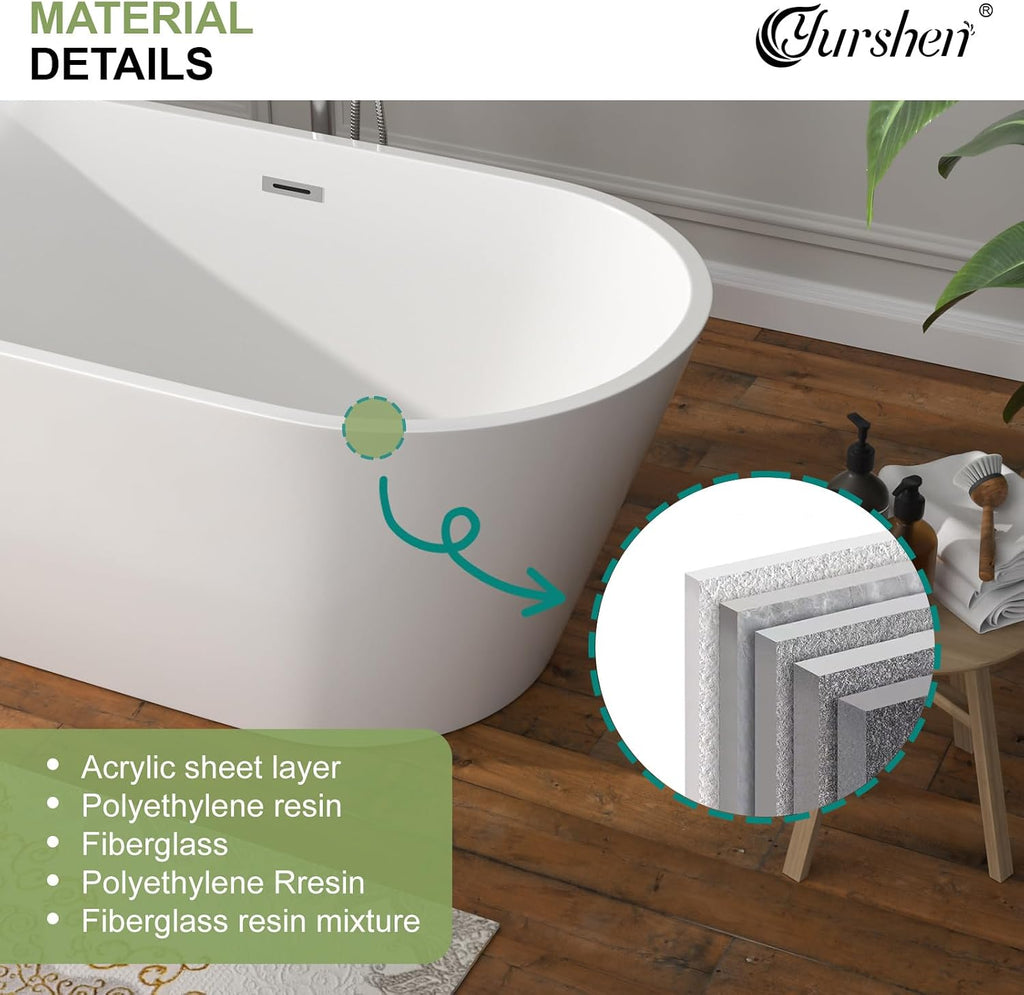 59 Inch Freestanding Acrylic Bathtub White Roll Top Soaking Tub with Chrome Drain Glossy Finish for Modern Bathrooms, YSB9218