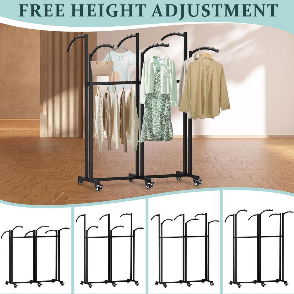 6 Way Heavy Duty Garment Racks with Wheels, Adjustable Height Retail Clothing Rack from 48' to 67', for Boutique Shops Large Retail Stores and Home Storage,Black