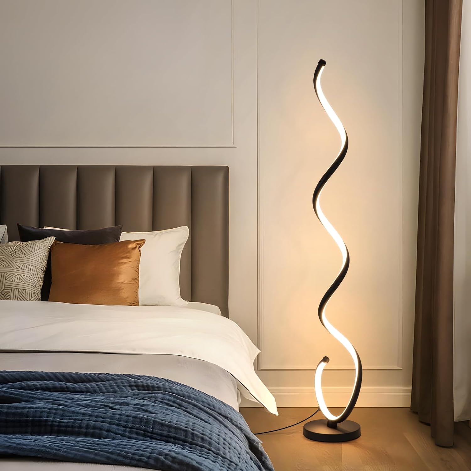 EIDISUNY Modern Floor Lamp for Living Room, 3 Color Temperature LED Spiral Floor Lamps with Remote&Foot Switch, 48W Dimmable LED Standing Lamp for Bedroom, Office(Black)