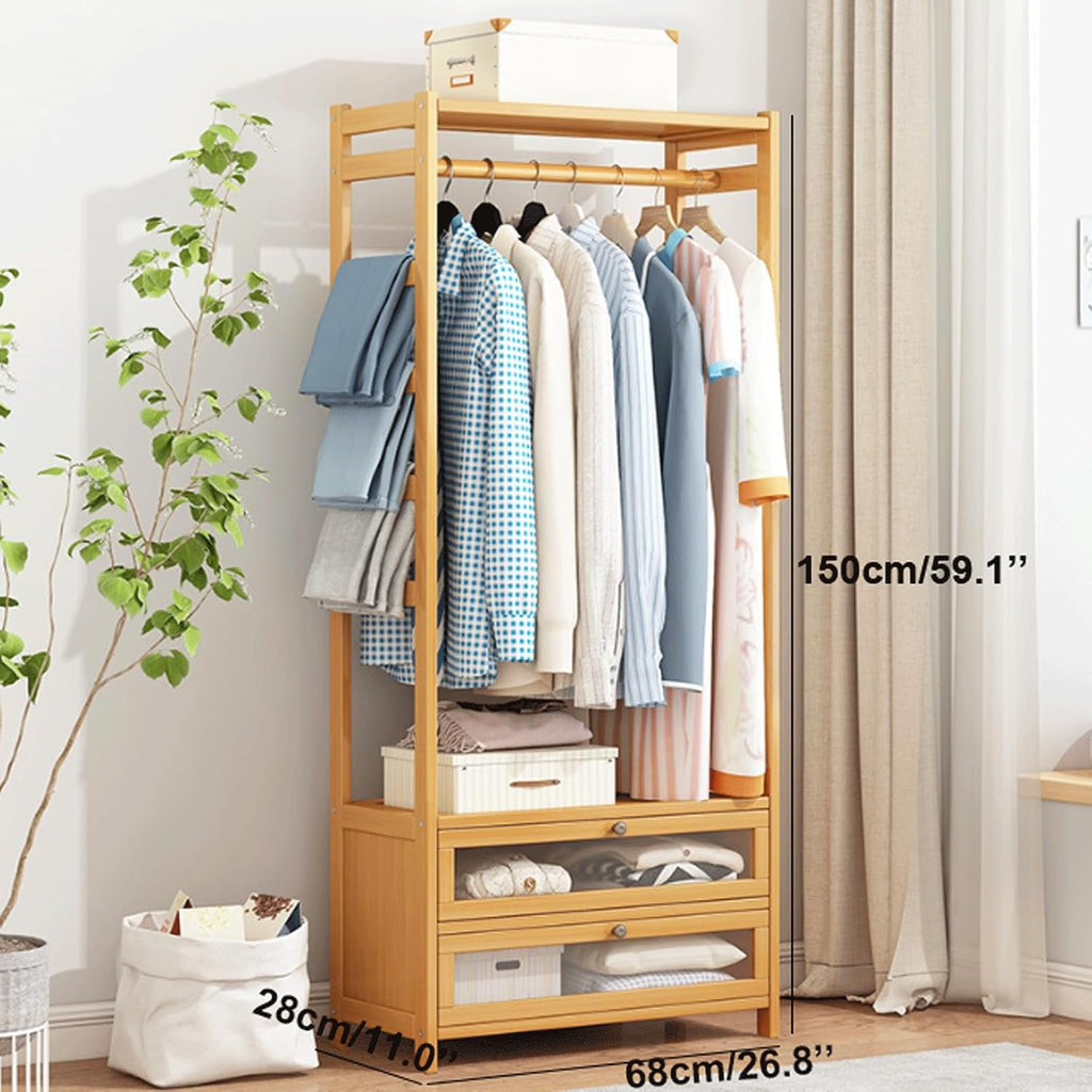 Bamboo Clothes Rack w/2 Storage Drawers Multifunctional Heavy Duty Clothing Rack Portable Garment Rack Organizer for Hanging Pants Jackets