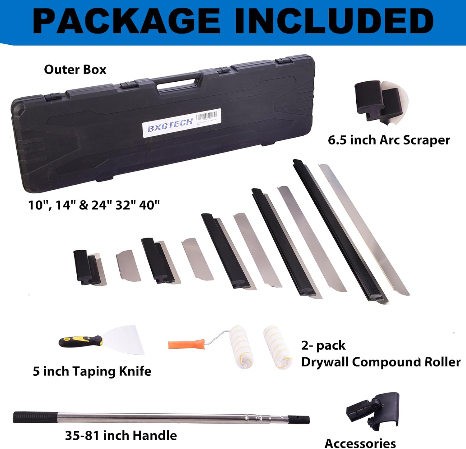 Drywall Tools Skimming Blade with Extension Handle - 10', 14', 24'& 32' 40' Blades with 2 Pack 0.3 mm Blades, Construction Tools End Caps, with Outer Box, Drywall Roller,Taping Knife