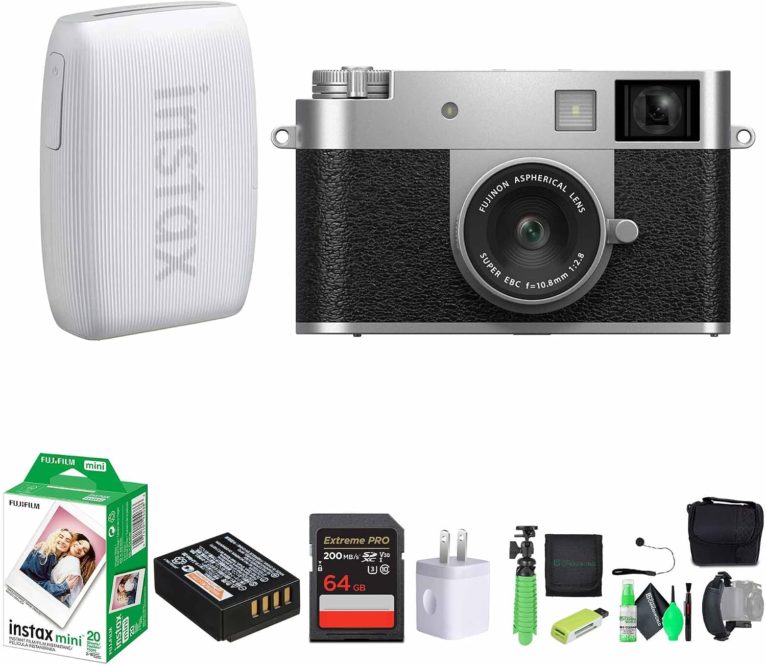 FUJIFILM X Half Premium Compact Digital Camera (Silver) Bundle with Fuji Link 3 Smartphone Printer (Clay White) + Instax Mini Film + 64GB Memory Card + Flexible Tripod + Cleaning Kit + More