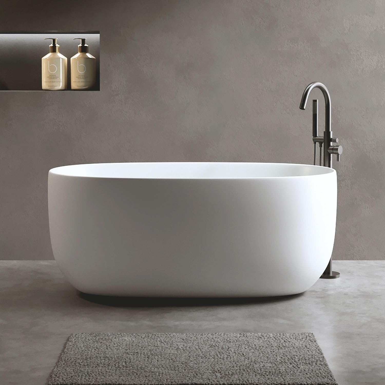 H2O Rectangular 59 in. x 30.7 in. Solid Surface Stone Resin Freestanding Bathtub, 13 in. Soaking Depth, Ergonomic Backrest, Matte White, Center Drain with Overflow, Durable, Easy to Clean