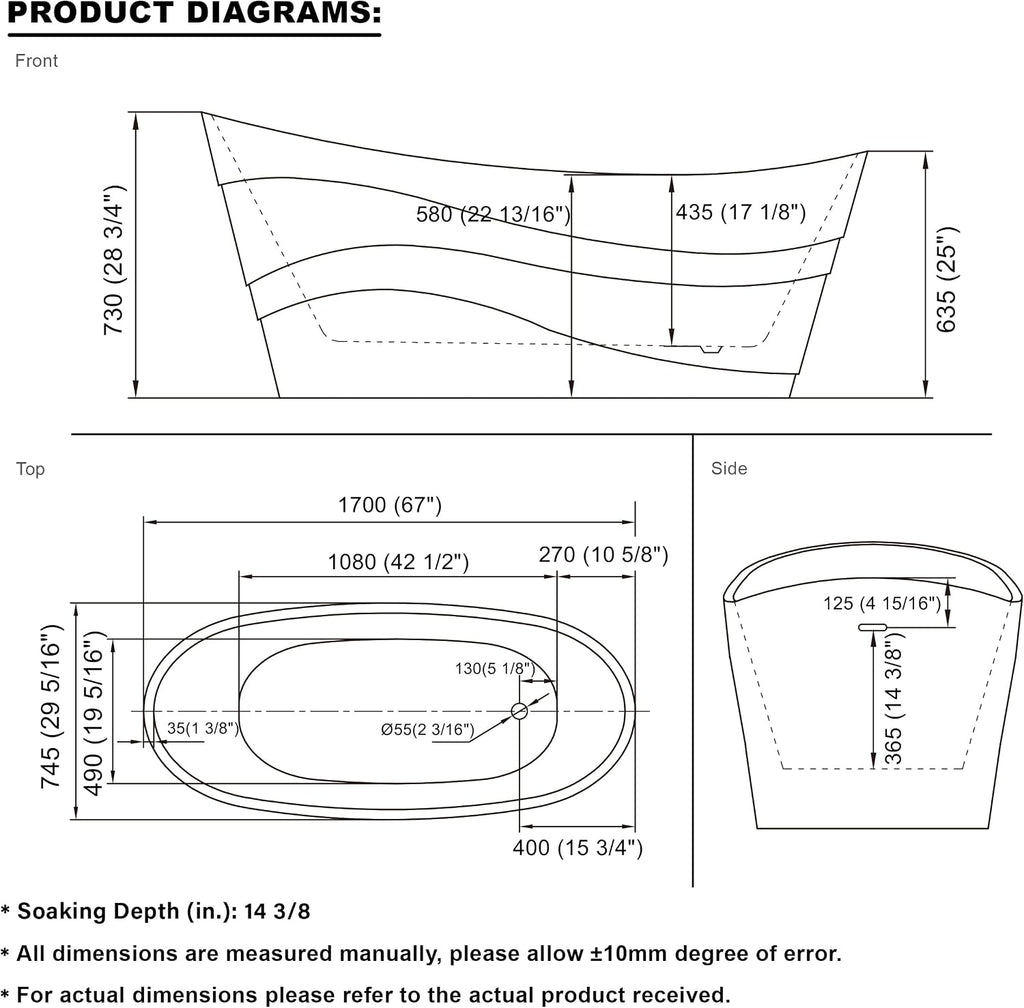 WELLFOR 67' Freestanding Acrylic Bathtub with Drain and Integrated Slotted Overflow, Soaking Bath Tub with Predrilled Overflow Holes, Soaking Bath Tub 58 Gallons Capacity, Glossy White