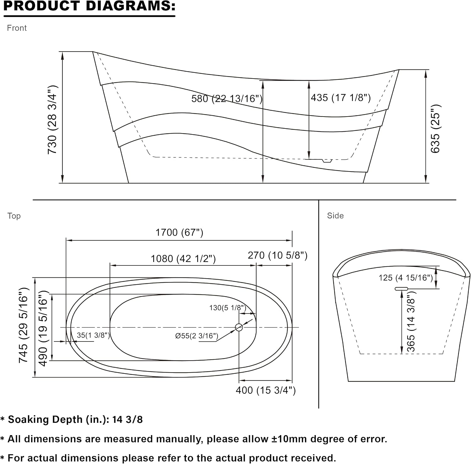 WELLFOR 67' Freestanding Acrylic Bathtub with Drain and Integrated Slotted Overflow, Soaking Bath Tub with Predrilled Overflow Holes, Soaking Bath Tub 58 Gallons Capacity, Glossy White