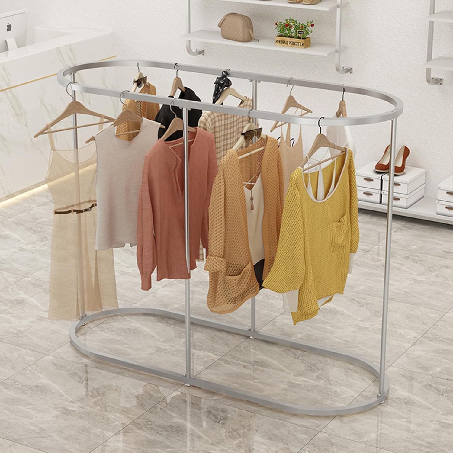 Heavy Duty Oval Garment Rack, Floor Commercial Retail Clothing Rack for Clothes Storage, Iron Multi-Functional Bedroom Clothing Rack, for Boutiques Display, Hallway Entryway,Gold