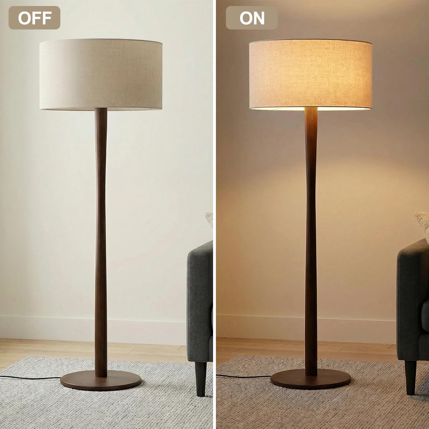 62' Tall Rustic Wood Floor Lamp for Living Room, Farmhouse Walnut Wood Floor Lamps with Linen Shade, UL Listed Standing Lamps with Wooden Base for Bedroom, Corner, Living Room, Office, Beige Shade