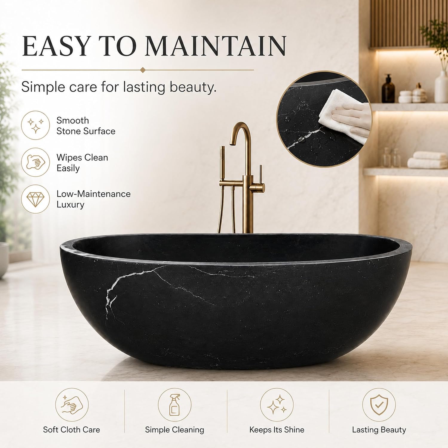 CHETTO C Black Marble Freestanding Bathtub, Luxury Oval Stone Soaking Tub with Smooth Curved Design, Deep Ergonomic Stand Alone Bath Tub for Master Suite, Spa & Hotel Bathroom 60'Lx29.53'Wx21.65'H