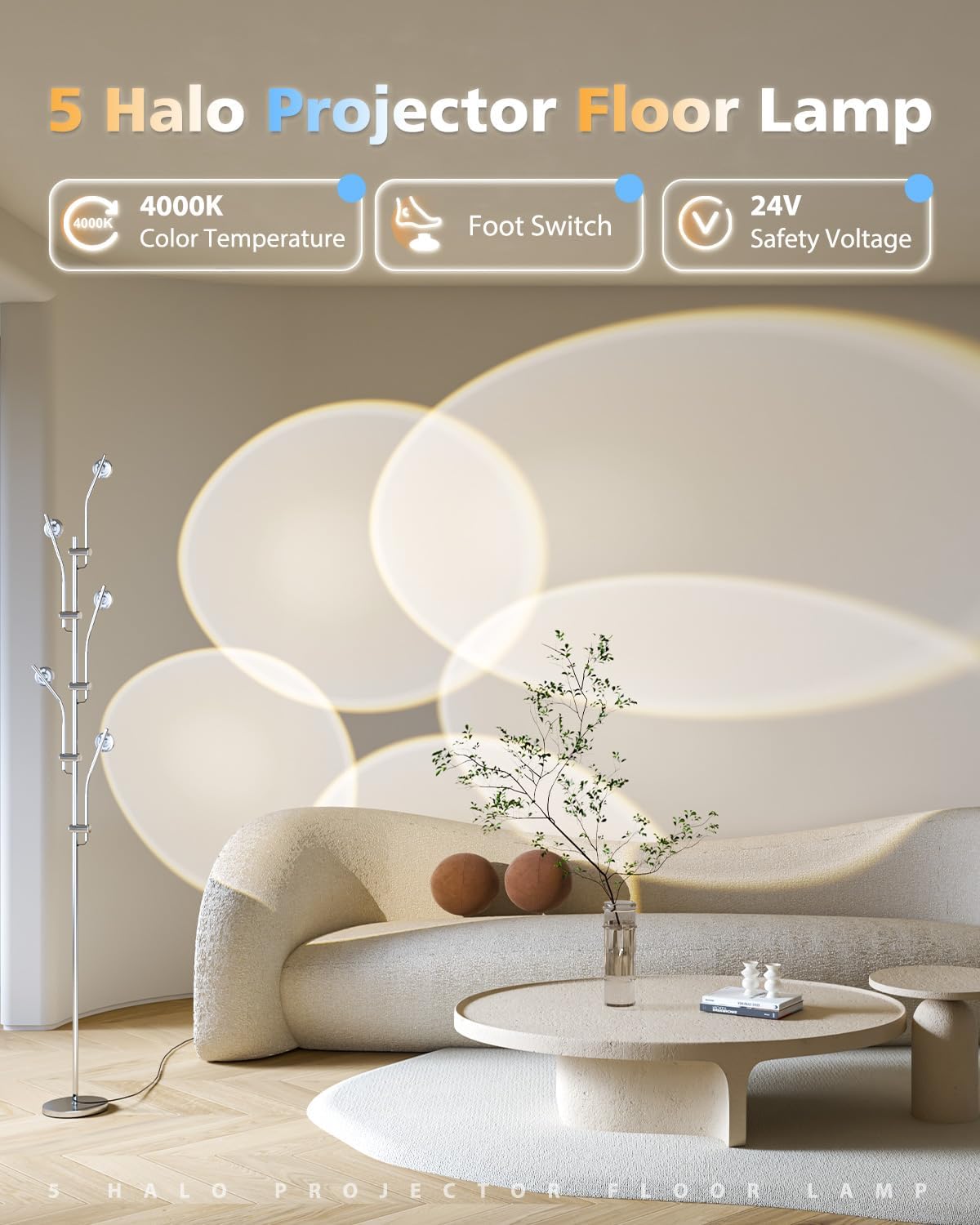 DENGALA Halo Projector Floor Lamp - 4000K LED Multi Head Floor Lamp with RGB Filters - Sunset Projection Ambient Lighting - Mood Corner Lamp for Bedroom,Living Room - Chrome