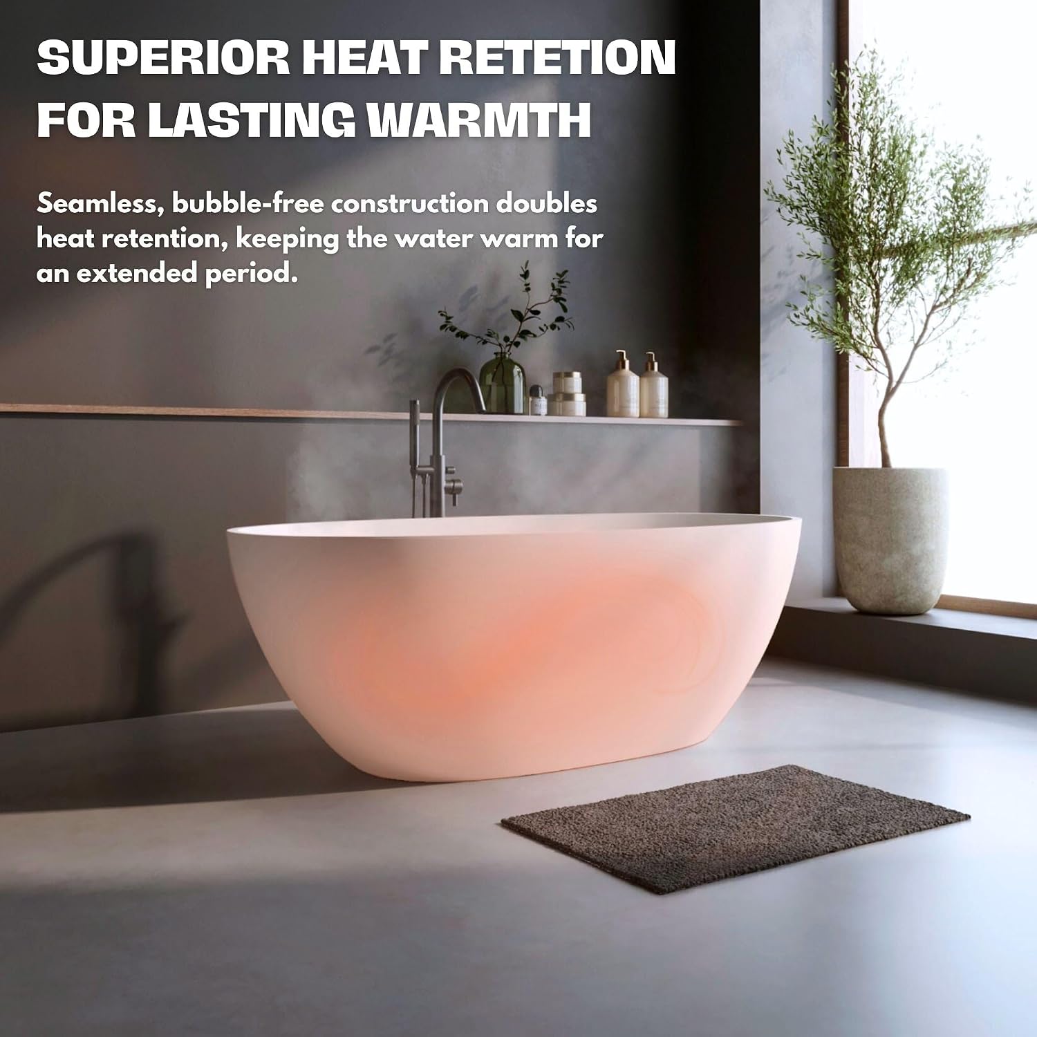 H2O Oval 59 in. x 30.7 in. Solid Surface Stone Resin Freestanding Bathtub, 15 in. Soaking Depth, Ergonomic Backrest, Matte White, Center Drain with Overflow, Durable, Easy to Clean