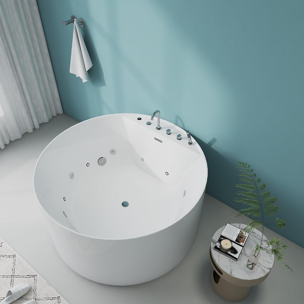 Premium 47' X 47' Freestanding Whirlpool Acrylic Bathtub with Overflow and Drain, Round White Free Standing Tub With Faucet, Chromatherapy LED Lights