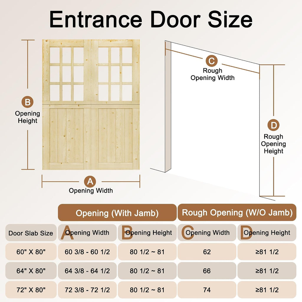 Exterior Dutch Door Slab, 60' x 80', Universal 9 Lite Panel Split Single Doors, Solid Core Home Door, Natural Pine Wood - with 8 Black Hinges & 2 Latch, Without Jamb