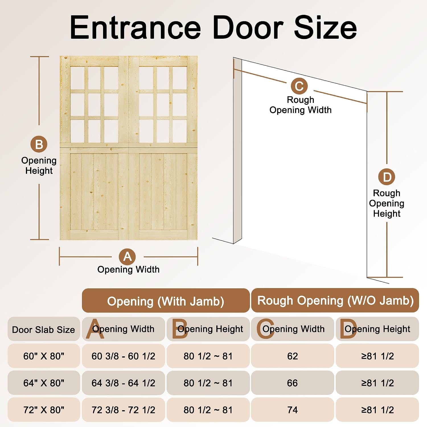 Exterior Dutch Door Slab, 60' x 80', Universal 9 Lite Panel Split Single Doors, Solid Core Home Door, Natural Pine Wood - with 8 Black Hinges & 2 Latch, Without Jamb