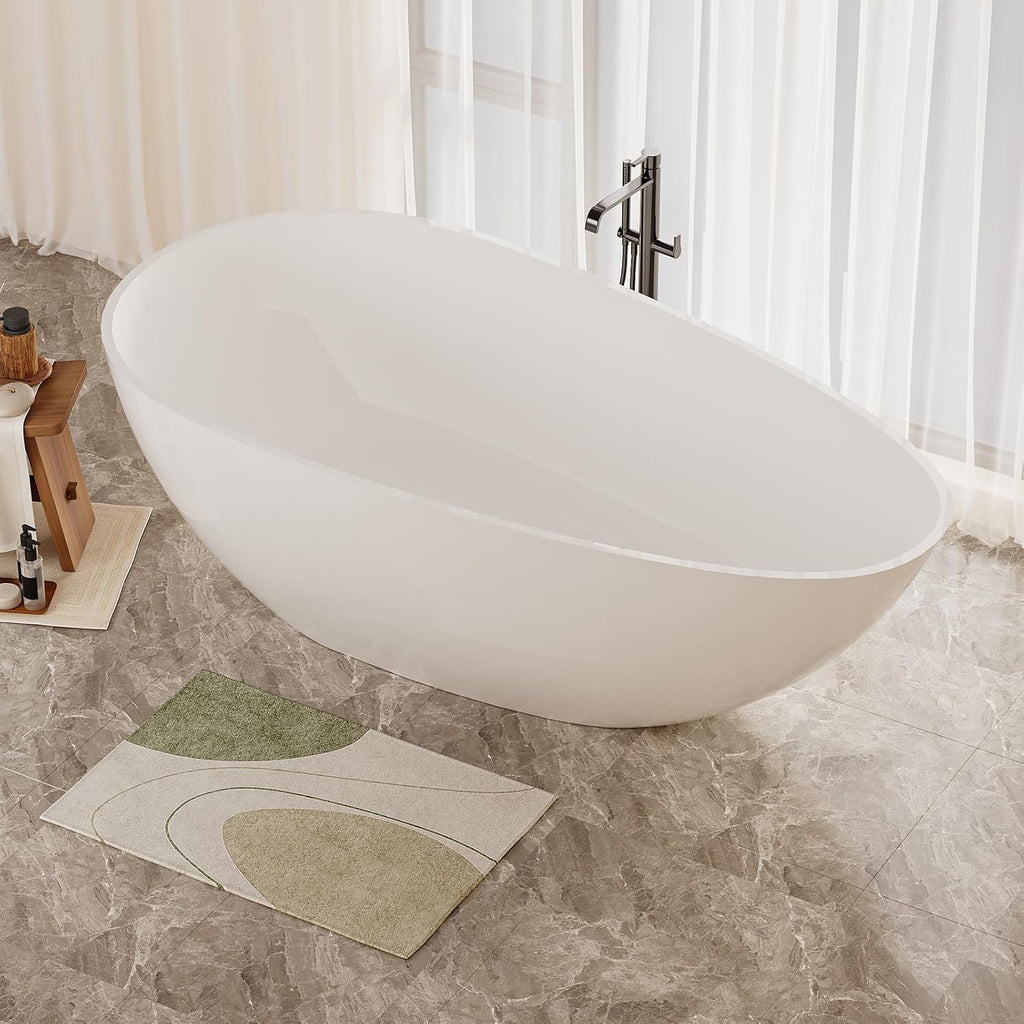 59' Solid Surface Bathtub Modern Glossy White Stone Resin Stand Alone Soaking Tub Luxury Handcrafted Oval Bath Tub with Overflow and Pop-Up Drain for Bathing
