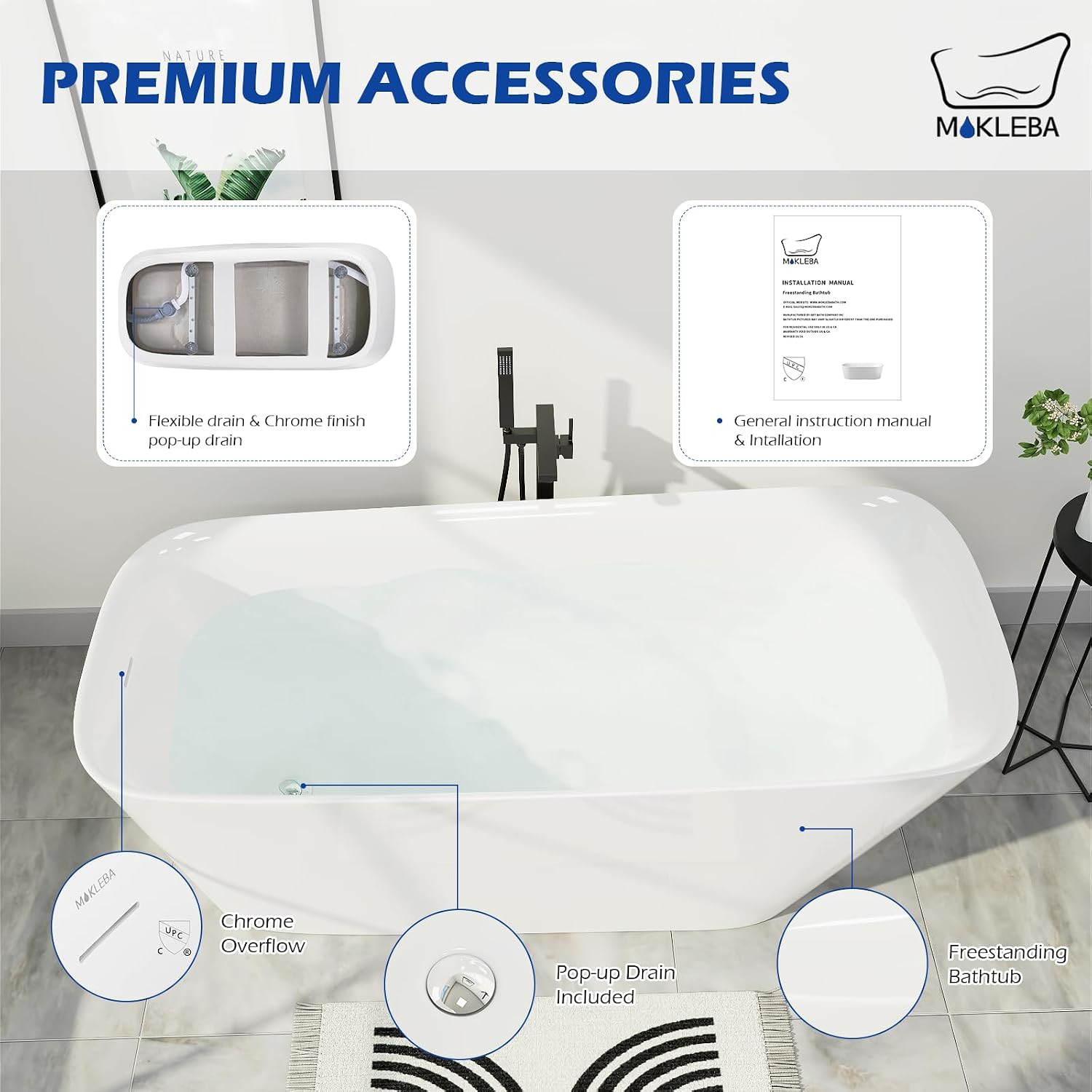 59' Acrylic Freestanding Bathtub, Single Slipper Free Standing Tub, Soaking Tub with Integrated Slotted Overflow, Toe-Tap Chrome Drain, cUPC Certified, Glossy White
