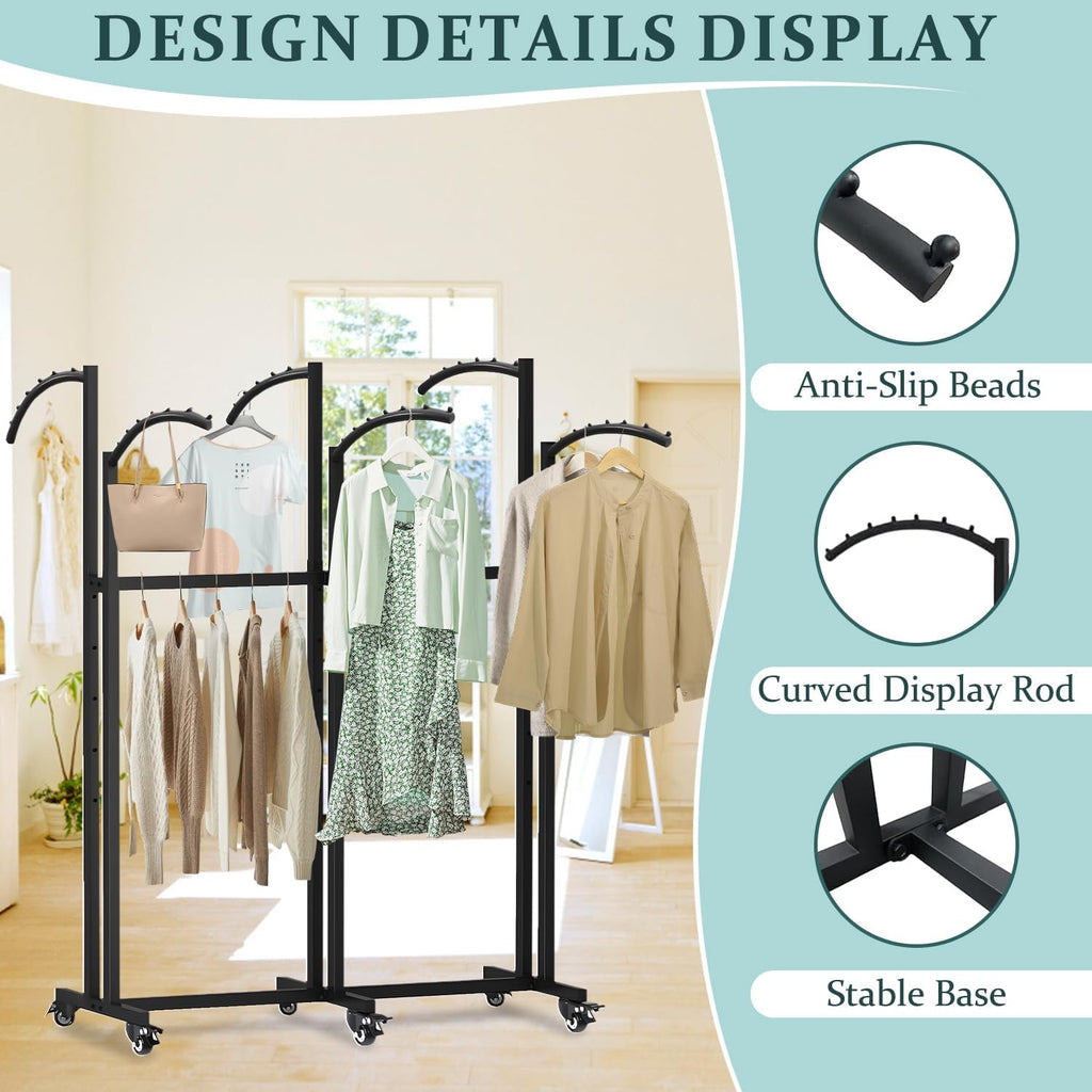 6 Way Heavy Duty Garment Racks with Wheels, Adjustable Height Retail Clothing Rack from 48' to 67', for Boutique Shops Large Retail Stores and Home Storage,Black