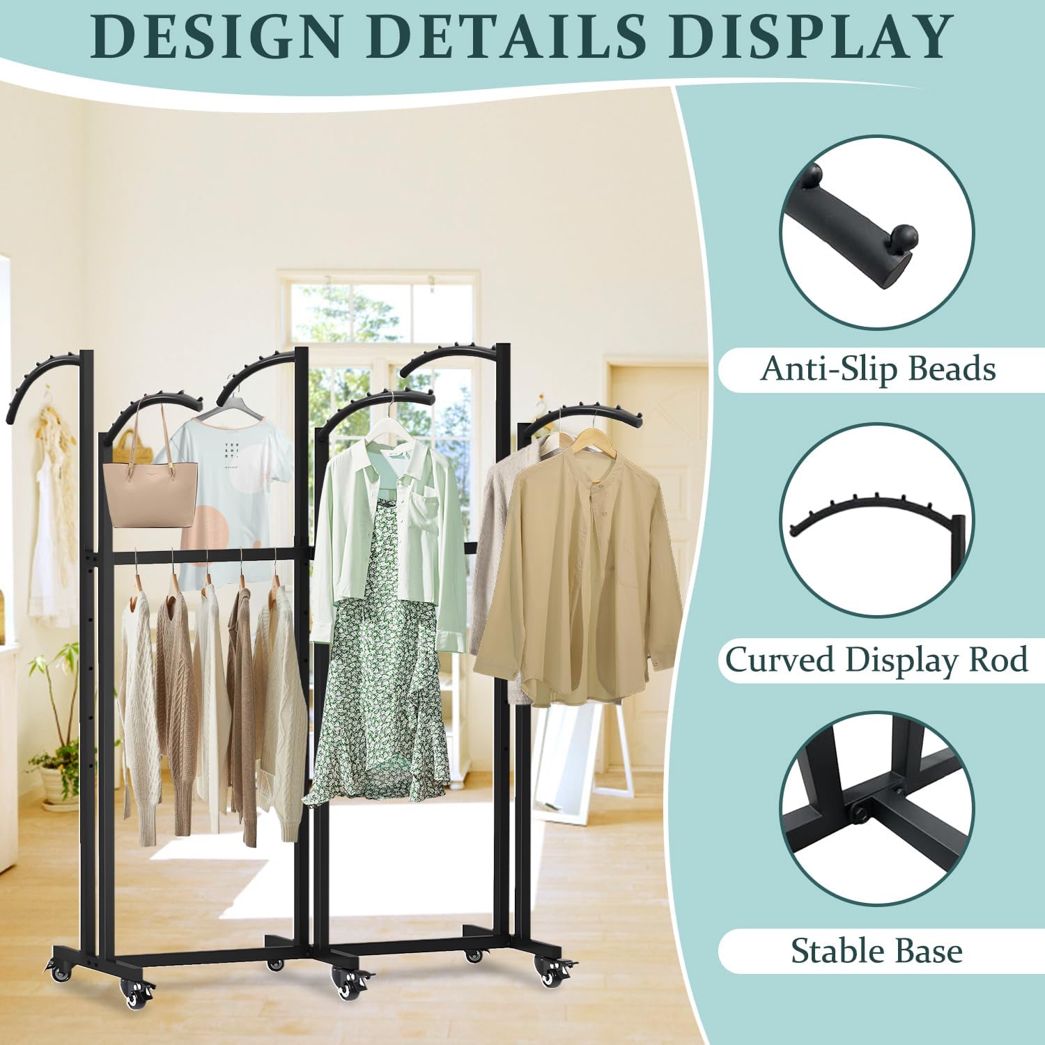 6 Way Heavy Duty Garment Racks with Wheels, Adjustable Height Retail Clothing Rack from 48' to 67', for Boutique Shops Large Retail Stores and Home Storage,Black