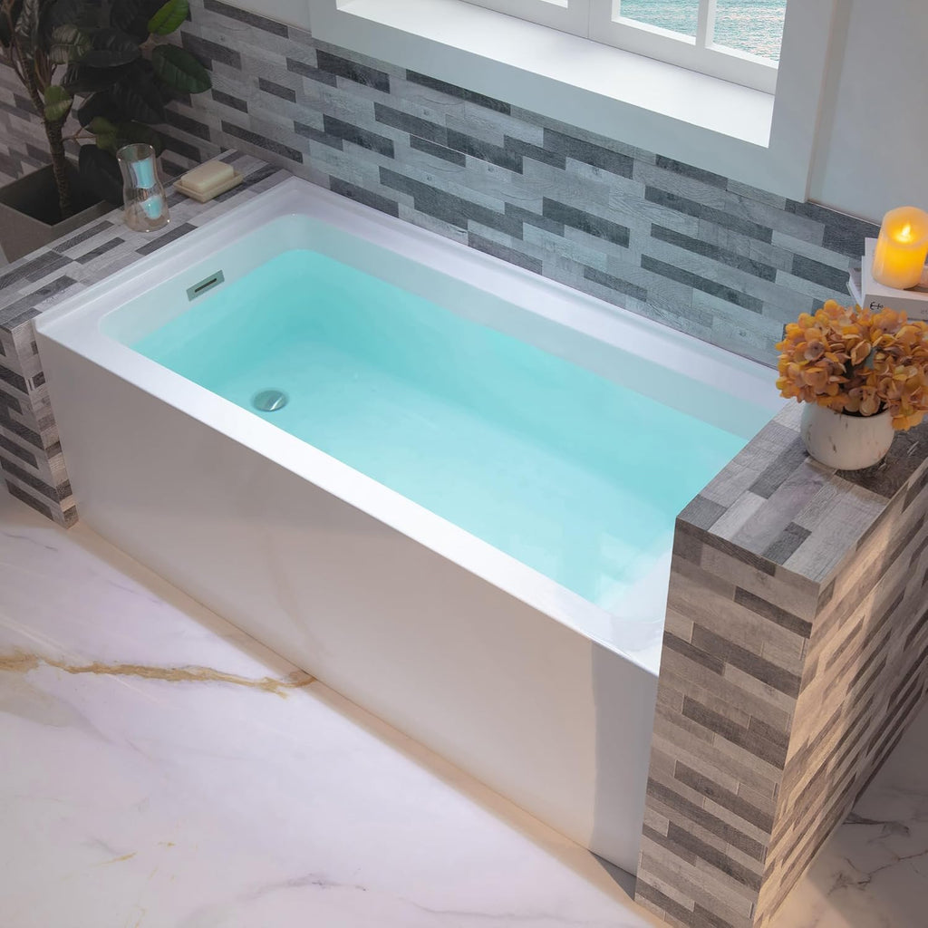 WOODBRIDGE 60' Acrylic Rectangular Alcove Soaking Bathtub in White with Left Drain, Brushed Nickel pop-up Drain Included, LB429-L