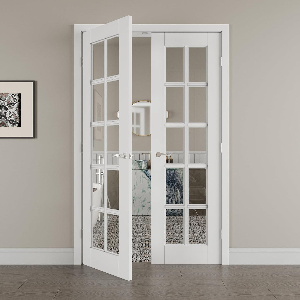 56' x 80' French Doors Interior (Double 28' x 80' 10-Lite Clear Glass Door with Silver Hinge Prehung Jamb Kit), Pre-Finished & Paintable, Prebuilt Home Door Panels & Assembly Required Jamb