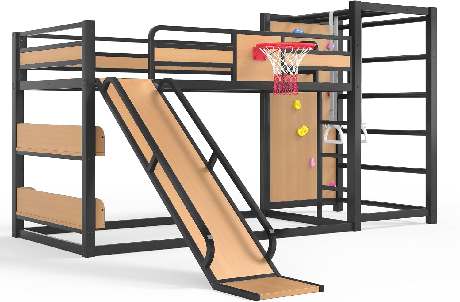 Bellemave Metal Twin XL Over Twin XL Bunk Bed Frame with Slide,Floor Bunk Bed and Basketball Hoop,Pull-up Rings and Climbing Wall,Heavy Duty Bunk Beds with Bookshelves for Kids Girls Boys,Natural
