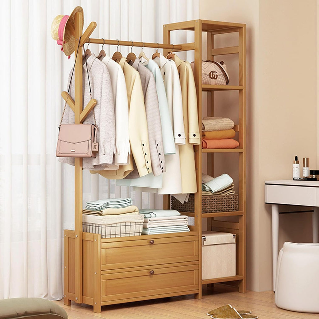 Bamboo Clothing Rack, Heavy Duty Rolling Garment Rack 4 Tier Storage Shelves Garment Rack with Side Hooks & drawers Clothes Racks for Hanging Clothes, Clothes Storage and Display, Wood