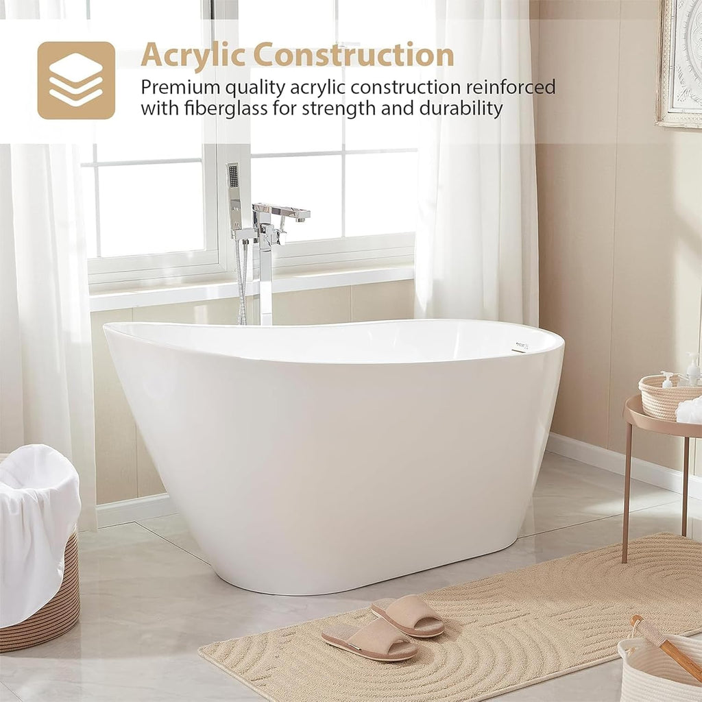 Vanity Art 67 x 31 Inches Freestanding Bathtub White Acrylic Bathtub Modern Stand Alone Soaker Tub with UPC Certified Slotted Overflow and Pop-up Drain for Two Person Bathing