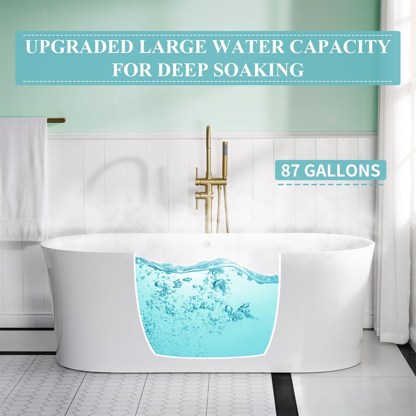 WELLFOR 67' Freestanding Acrylic Bathtubs, Air Bubble Freestanding Soaking Tub, 87 Gallons, Massage bathtub with Romantic LED Lighting/Chrome Bathtub Drain and Groove Overflow, Glossy Whtie