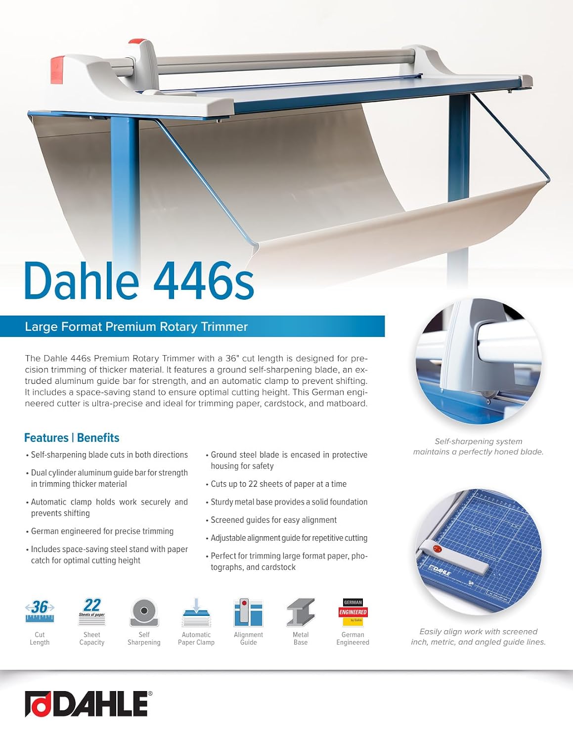 Dahle 446s Premium Rotary Trimmer w/Stand, 36' Cut Length, 25 Sheet Capacity, Self-Sharpening, Automatic Clamp, German Engineered Paper Cutter