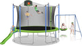 12ft Trampoline Combination with Swing and Slide, Safety Net and Basketball Hoop, Outdoor for Kids and Adults Green