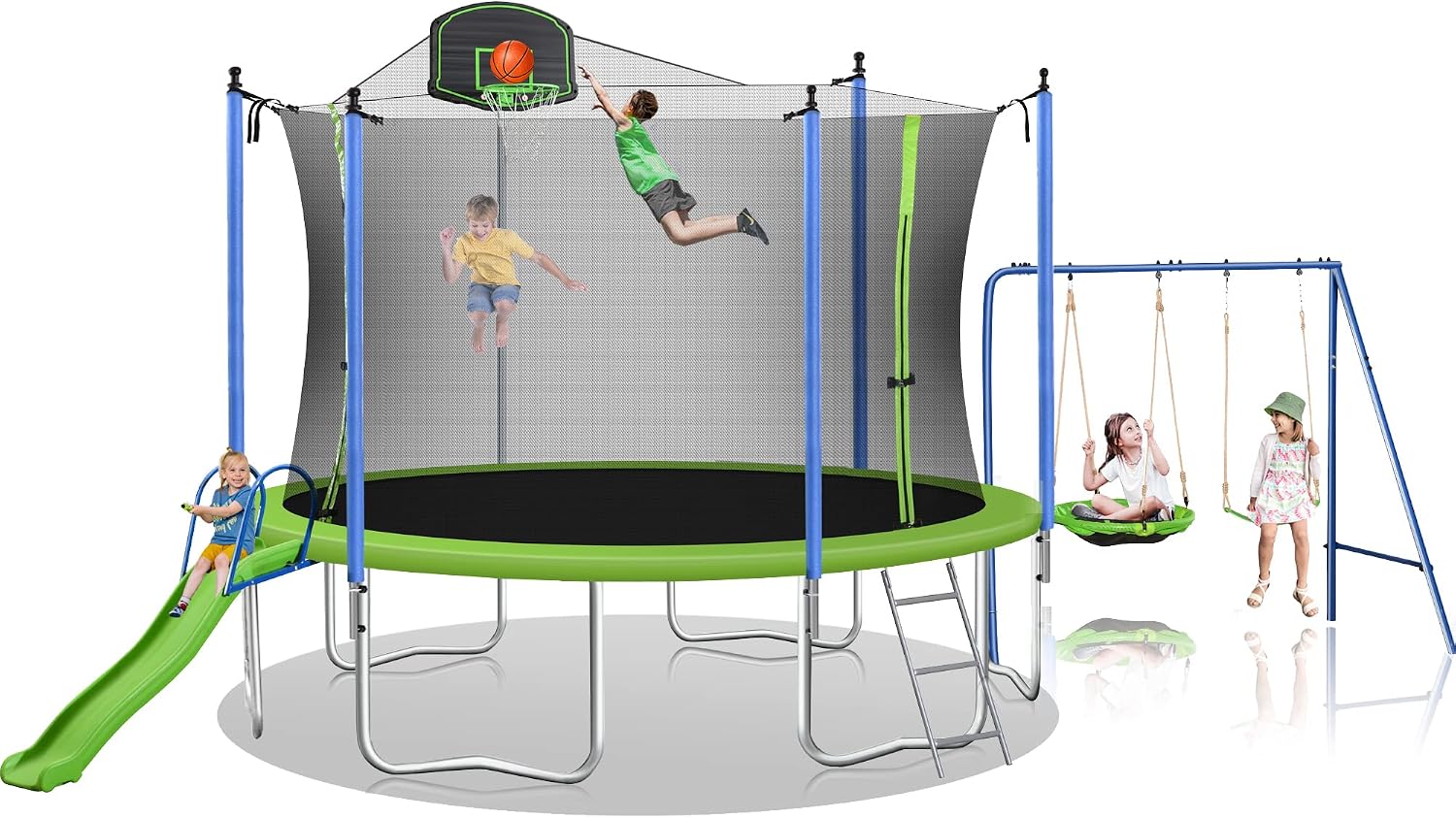 12ft Trampoline Combination with Swing and Slide, Safety Net and Basketball Hoop, Outdoor for Kids and Adults Green