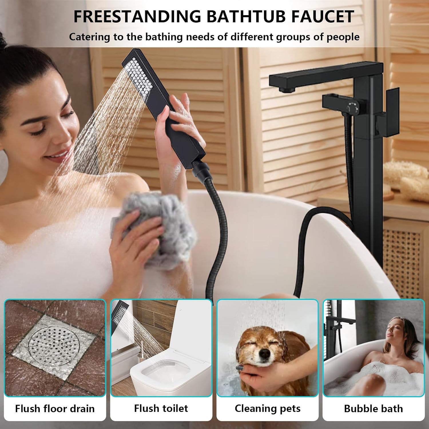 Dollate Matte Black Bathtub Filler Freestanding Tub Filler Floor Mount Tub Faucet, Waterfall floor standing bathtub filler faucet with hand sprayer and swivel tub sprayer