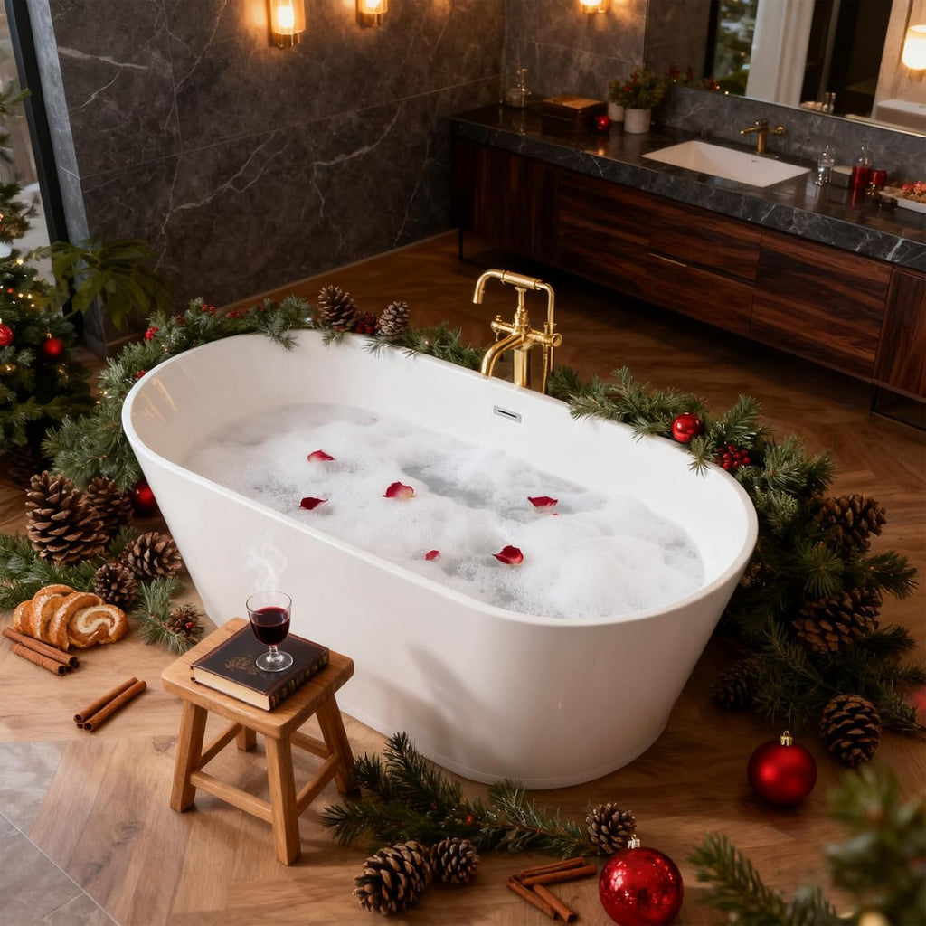 55' Acrylic Freestanding Soaking Bathtub with Toe-Tap Chrome Drain, Oval Stand Alone Tub, Ergonomic Soaking Tub (Gloss White, 55')