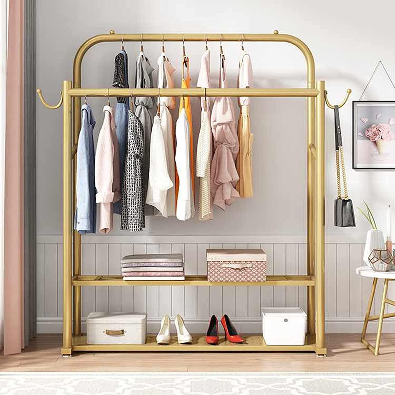 Metal Garment Racks for Hanging Clothes, Heavy Duty Clothes Organizer Rack with 2-Tier Shelves, Space Saver,150cm