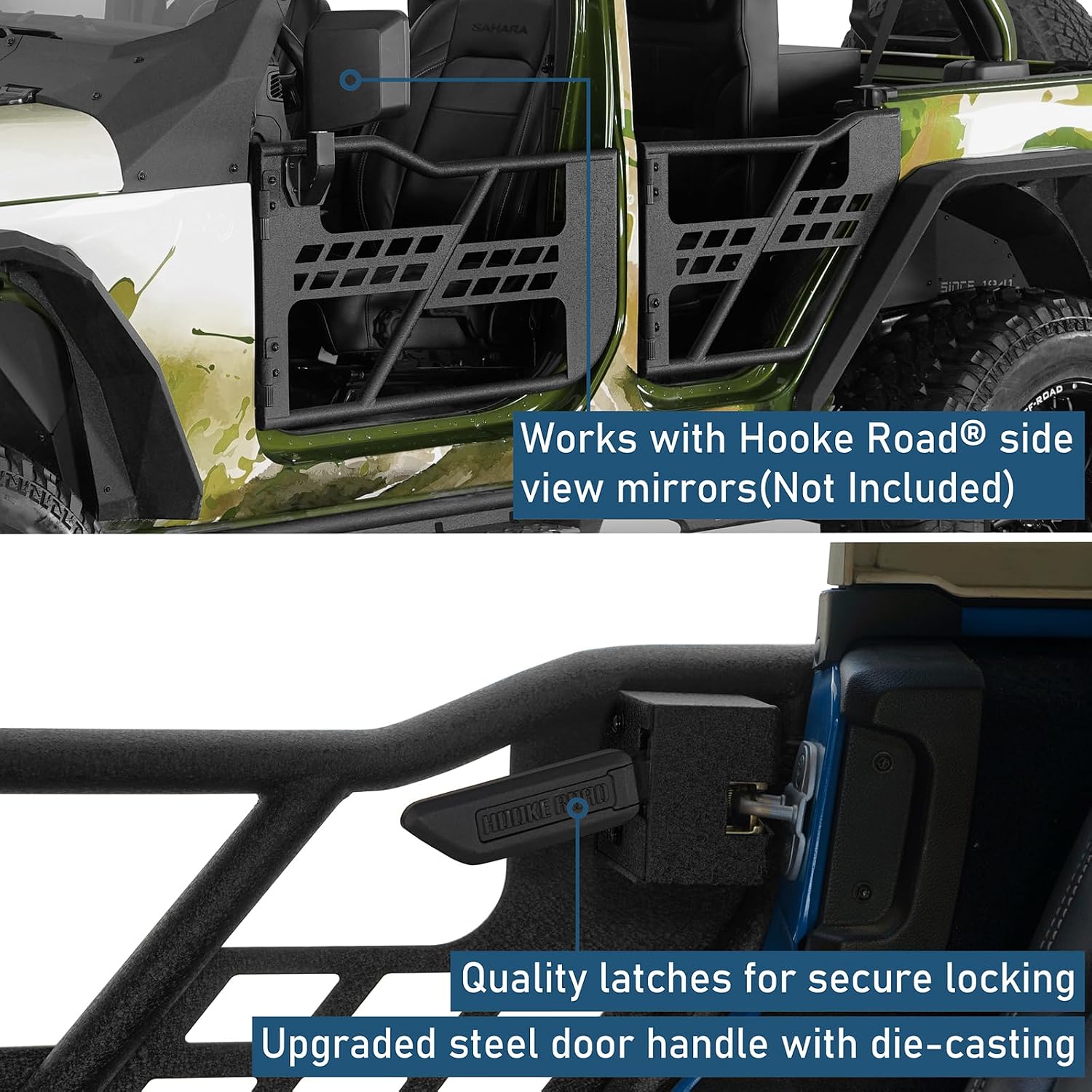 Hooke Road Wrangler/Gladiator Off-Road Front & Rear Tubular Half Door Guards for 2018-2025 Jeep Wrangler JL Unlimited & Gladiator JT, Open-Air Driving Feel, Secure Steel Latch Design