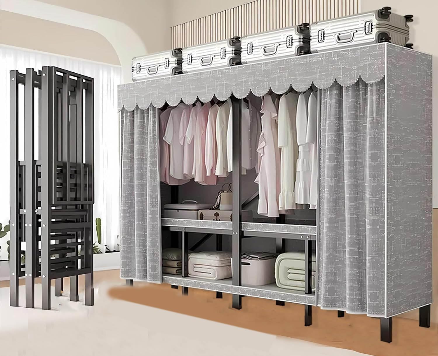 Clothing Rack with Cover,Heavy Duty Foldable Wardrobe with Cover, Portable Closets for Hanging Clothes, Large Capacity Hanging Organization Garment Racks (grey, 59.1in/150cm)